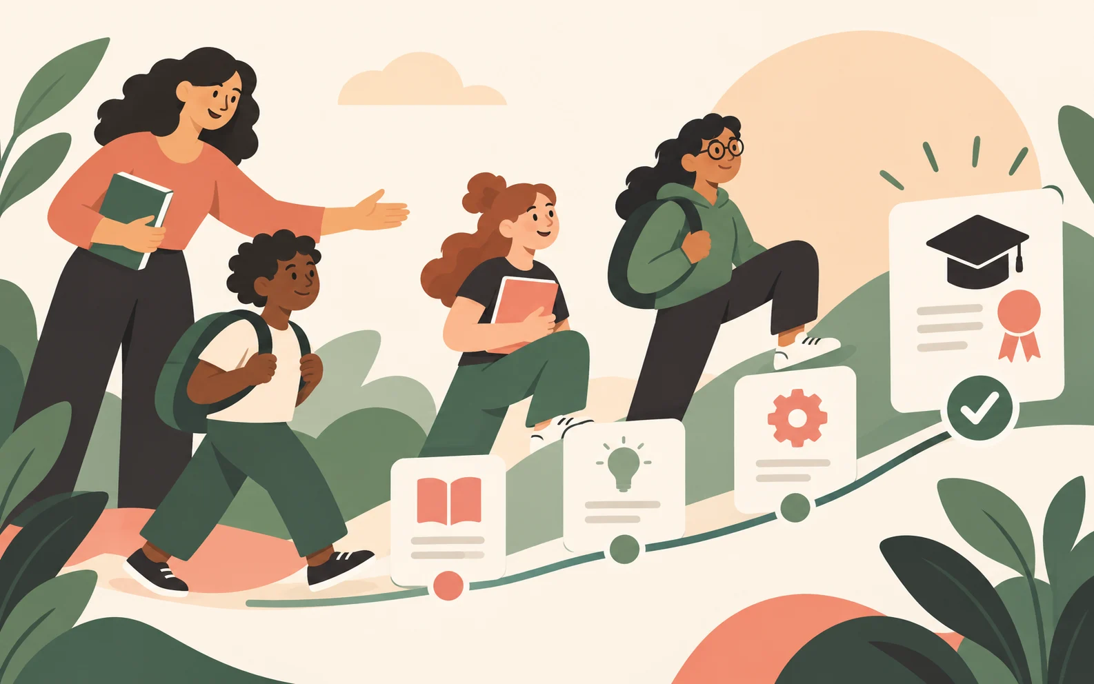 Educadores e alunos avançando por etapas de um curso até a conquista de um certificado.